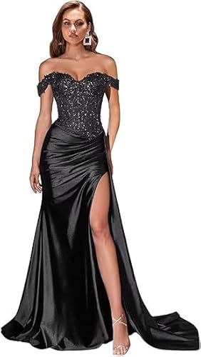 JIIL Abendkleid Damen,Damen Schulterfreies Abendkleider Glitzer Lang Satin Meerjungfrau Falte Brautjungfernkleid Formeller Hochzeit Kleid Schwarz 48 von JIIL