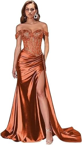 JIIL Abendkleid Damen,Damen Schulterfreies Abendkleider Glitzer Lang Satin Meerjungfrau Falte Brautjungfernkleid Formeller Hochzeit Kleid Verbrannte Orange A 40 von JIIL