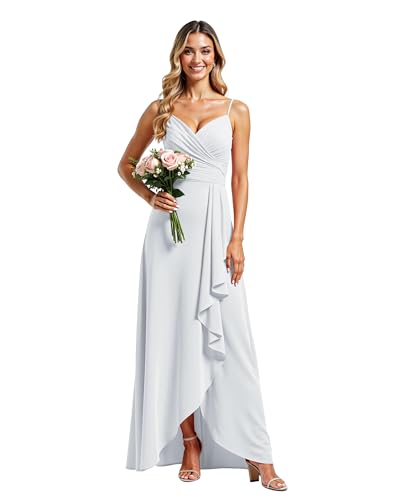 JIIL Abendkleid Damen,Damen Spaghettiträger Brautjungfernkleider Lang Rüschen Chiffon V-Ausschnitt Elegant Ballkleider Weiß 44 von JIIL