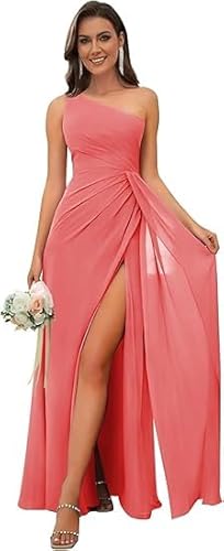 JIIL Abendkleid Damen,Eins Schulter Brautjungfernkleid Sexy Rückenfreies Chiffon Abendkleid Mit Schlitz Koralle 44 von JIIL