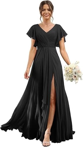 JIIL Abendkleid Damen Lang,Damen Brautjungfernkleider Lang V-Ausschnitt Kurzarm Chiffon Abendkleider Elegant Für Hochzeit A Linie Kleid Mit Schlitz Schwarz 54 von JIIL