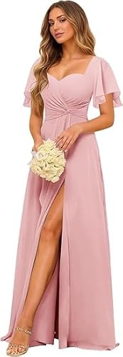 JIIL Abendkleid Damen Lang Blau,Damen Lang Abendkleider Elegant Für Hochzeit - Chiffon Formal A-Linie Brautjungfernkleider Flutterhülsen Ballkleid Mit Schlitz Fuchsia A 52 von JIIL
