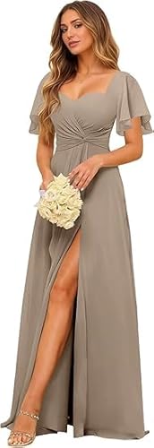 JIIL Abendkleid Damen Lang Blau,Damen Lang Abendkleider Elegant Für Hochzeit - Chiffon Formal A-Linie Brautjungfernkleider Flutterhülsen Ballkleid Mit Schlitz Taupe 42 von JIIL