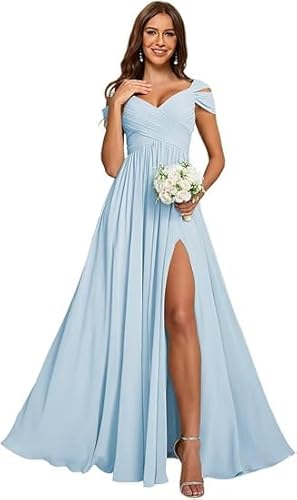 JIIL Abendkleid Damen Lang Blau,Damen Off Shoulder Chiffon Brautjungfernkleider Lang - Formeller A-Linie V-Ausschnitt Lang Abendkleider Elegant Hochzeit Schlitz Himmelblau 36 von JIIL
