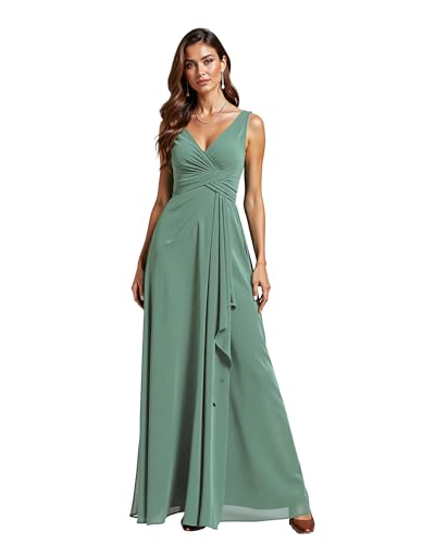 JIIL Abendkleid Damen Lang Elegant,Brautjungfernkleider Damen Lang - V-Ausschnitt Rückenfrei Chiffon Abendkleider Elegant Für Hochzeit Pastellgrün 36 von JIIL
