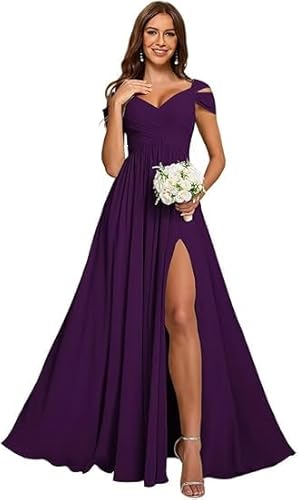 JIIL Abendkleid Damen Lang Elegant,Damen Off Shoulder Chiffon Brautjungfernkleider Lang - Formeller A-Linie V-Ausschnitt Lang Abendkleider Elegant Hochzeit Schlitz Pflaume 38 JIIL Abendkleid Damen Lang Elegant,Damen Off Shoulder Chiffon Brautjungfernkleider Lang - Formeller A-Linie V-Ausschnitt Lang Abendkleider Elegant Hochzeit Schlitz Pflaume 38 von JIIL