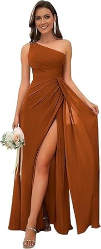 JIIL Abendkleid Damen Lang Elegant,Eins Schulter Brautjungfernkleid Sexy Rückenfreies Chiffon Abendkleid Mit Schlitz Verbrannte Orange 44 von JIIL