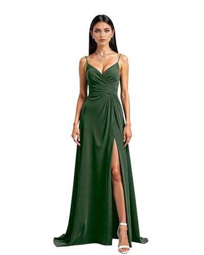 JIIL Abendkleid Damen Lang Elegant Damen Spaghettiträger Chiffon Brautjungfernkleider Hochzeit Lange Elegant Ballkleider A-Linie Formelles Abendkleid Mit Schlitz Dunkelgrün 36 von JIIL