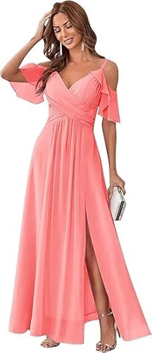 JIIL Abendkleid Damen Lang Große Größen,Damen Off Shoulder Brautjungfernkleider Spaghettiträger V-Ausschnitt Elegante Lang Abendkleider A-Linie Kleider Für Hochzeitsgäste Koralle 56 von JIIL
