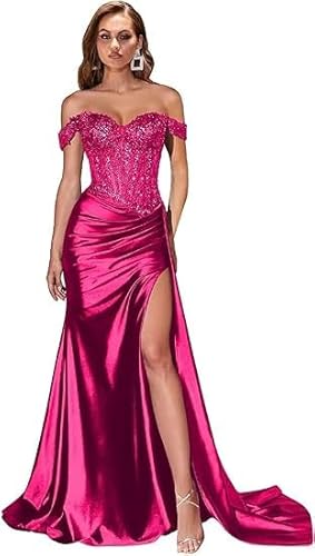 JIIL Abendkleid Damen Lang Große Größen,Damen Schulterfreies Abendkleider Glitzer Lang Satin Meerjungfrau Falte Brautjungfernkleid Formeller Hochzeit Kleid Pink 48 von JIIL