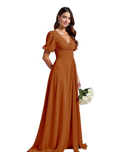 JIIL Abendkleid Damen Lang Mit Ärmel Damen Abendkleider V-Ausschnitt Hohe Taille A-Linie Chiffon Brautjungfernkleid Verbrannte Orange 36 von JIIL