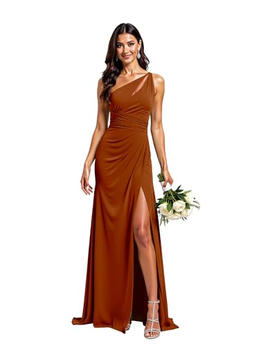 JIIL Abendkleid Damen Lang Mit Ärmel Damen Lang A-Linie Abendkleid Chiffon Eins Schulter Elegant Brautjungfernkleider Verbrannte Orange 36 von JIIL