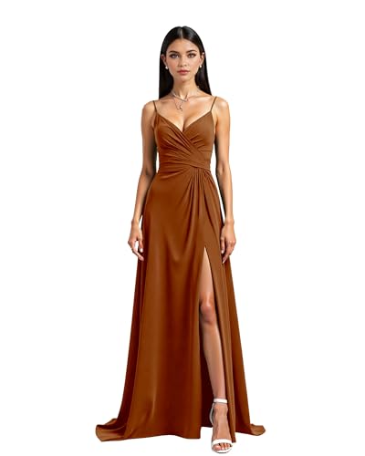 JIIL Abendkleid Damen Lang Mit Ärmel Damen Spaghettiträger Chiffon Brautjungfernkleider Hochzeit Lange Elegant Ballkleider A-Linie Formelles Abendkleid Mit Schlitz Verbrannte Orange 36 von JIIL