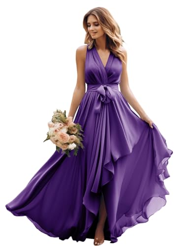 JIIL Abendkleid Elegant Lang Ballkleid - Neckholder A-Linie Hochzeit Brautjungfer Kleid für Damen Violett 54 von JIIL