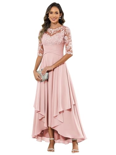 JIIL Abendkleid Große Größen,Damen Abendkleid Lang - Elegant Spitzen Brautmutterkleid Chiffon Formales Kleider Halbärmel Festliche Für Hochzeit Erröten Rosa 42 von JIIL