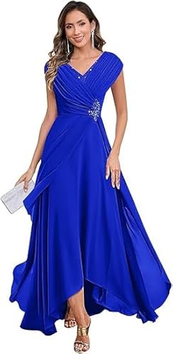 JIIL Abendkleid Große Größen,Damen Chiffon Brautmutterkleider Lang V-Ausschnitt Ärmelloses Glitzer Abendkleider A-Linie Festliche Kleider Royal Blue A 50 von JIIL