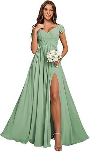 JIIL Abendkleid Große Größen,Damen Off Shoulder Chiffon Brautjungfernkleider Lang - Formeller A-Linie V-Ausschnitt Lang Abendkleider Elegant Hochzeit Schlitz Staubiger Salbei 48 von JIIL