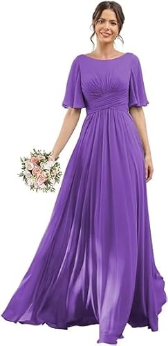 JIIL Abendkleid Hochzeit,Damen Brautjungfernkleider Lang Chiffon Flutter Sleeve Abendkleid A-Line Hochzeit Festlich Ballkleider Partykleid Mit Taschen Lila 46 von JIIL