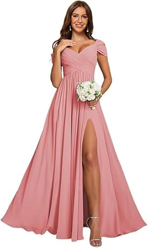 JIIL Abendkleid Lang,Damen Off Shoulder Chiffon Brautjungfernkleider Lang - Formeller A-Linie V-Ausschnitt Lang Abendkleider Elegant Hochzeit Schlitz Koralle 34 von JIIL