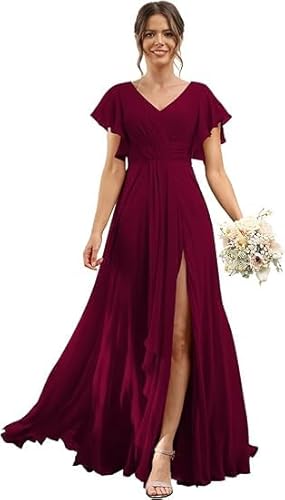 JIIL Abendkleid Mit Ärmeln,Damen Brautjungfernkleider Lang V-Ausschnitt Kurzarm Chiffon Abendkleider Elegant Für Hochzeit A Linie Kleid Mit Schlitz Burgund 44 von JIIL