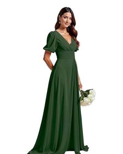 JIIL Abendkleid Mit Ärmeln Damen Abendkleider V-Ausschnitt Hohe Taille A-Linie Chiffon Brautjungfernkleid Dunkelgrün 40 JIIL Abendkleid Mit Ärmeln Damen Abendkleider V-Ausschnitt Hohe Taille A-Linie Chiffon Brautjungfernkleid Dunkelgrün 40 von JIIL