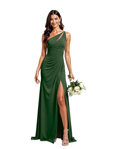 JIIL Abendkleid Mit Ärmeln Damen Lang A-Linie Abendkleid Chiffon Eins Schulter Elegant Brautjungfernkleider Dunkelgrün 40 von JIIL