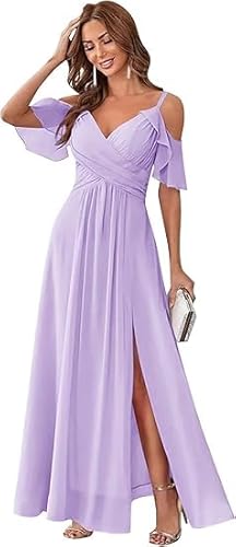 JIIL Abendkleid Mit Schlitz,Damen Off Shoulder Brautjungfernkleider Spaghettiträger V-Ausschnitt Elegante Lang Abendkleider A-Linie Kleider Für Hochzeitsgäste Flieder 36 von JIIL