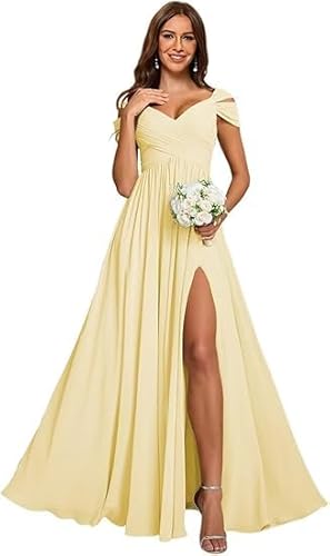JIIL Abendkleid Mit Schlitz,Damen Off Shoulder Chiffon Brautjungfernkleider Lang - Formeller A-Linie V-Ausschnitt Lang Abendkleider Elegant Hochzeit Schlitz Hellgelb A 46 von JIIL