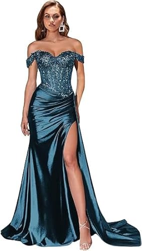 JIIL Abendkleid Mit Schlitz,Damen Schulterfreies Abendkleider Glitzer Lang Satin Meerjungfrau Falte Brautjungfernkleid Formeller Hochzeit Kleid Pfau 44 von JIIL