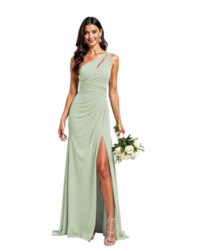 JIIL Abendkleid Mit Schlitz Damen Lang A-Linie Abendkleid Chiffon Eins Schulter Elegant Brautjungfernkleider Grün Grau 38 von JIIL