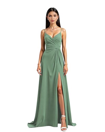 JIIL Abendkleid Mit Schlitz Damen Spaghettiträger Chiffon Brautjungfernkleider Hochzeit Lange Elegant Ballkleider A-Linie Formelles Abendkleid Mit Schlitz Pastellgrün 38 von JIIL