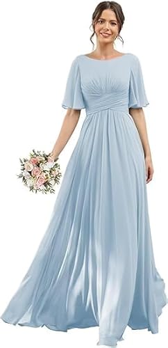 JIIL Abendkleid Rot,Damen Brautjungfernkleider Lang Chiffon Flutter Sleeve Abendkleid A-Line Hochzeit Festlich Ballkleider Partykleid Mit Taschen Hellblau 46 von JIIL