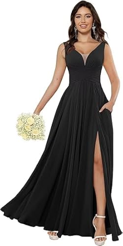 JIIL Abendkleider,Damen Brautjungfernkleider Lang Elegante Chiffon Abendkleider V-Ausschnitt Abiballkleider Formelle Sommer Kleider Für Hochzeit Schwarz 48 von JIIL