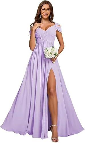 JIIL Abendkleider,Damen Off Shoulder Chiffon Brautjungfernkleider Lang - Formeller A-Linie V-Ausschnitt Lang Abendkleider Elegant Hochzeit Schlitz Flieder 48 JIIL Abendkleider,Damen Off Shoulder Chiffon Brautjungfernkleider Lang - Formeller A-Linie V-Ausschnitt Lang Abendkleider Elegant Hochzeit Schlitz Flieder 48 von JIIL