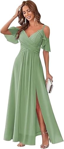 JIIL Abendkleider Damen Lang,Damen Off Shoulder Brautjungfernkleider Spaghettiträger V-Ausschnitt Elegante Lang Abendkleider A-Linie Kleider Für Hochzeitsgäste Salbei Grün C 52 von JIIL