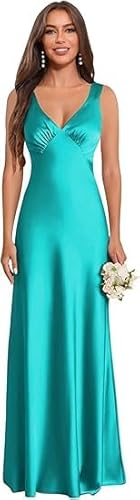 JIIL Abendkleider Elegant,Damen Off Shoulder Satin Brautjungfernkleider V-Ausschnitt Spaghettiträger A-Linie Lang Hochzeit Ballkleider Elegant Abendkleid Tiefblau 38 von JIIL