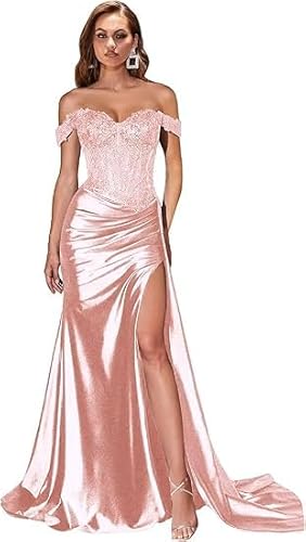 JIIL Abendkleider Elegant,Damen Schulterfreies Abendkleider Glitzer Lang Satin Meerjungfrau Falte Brautjungfernkleid Formeller Hochzeit Kleid Rosa A 42 von JIIL