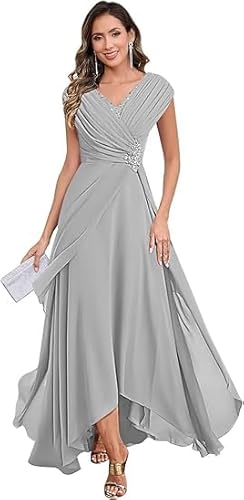 JIIL Abendkleider Elegant Für Hochzeit,Damen Chiffon Brautmutterkleider Lang V-Ausschnitt Ärmelloses Glitzer Abendkleider A-Linie Festliche Kleider Silber 42 von JIIL
