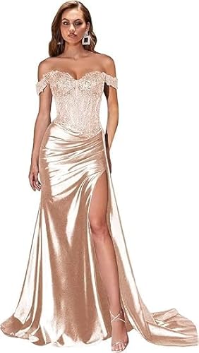 JIIL Abendkleider Elegant Für Hochzeit,Damen Schulterfreies Abendkleider Glitzer Lang Satin Meerjungfrau Falte Brautjungfernkleid Formeller Hochzeit Kleid Roségold 40 von JIIL