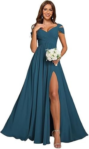 JIIL Abendkleider Elegant Für Hochzeit Große Größen,Damen Off Shoulder Chiffon Brautjungfernkleider Lang - Formeller A-Linie V-Ausschnitt Lang Abendkleider Elegant Hochzeit Schlitz Blaublau 46 von JIIL