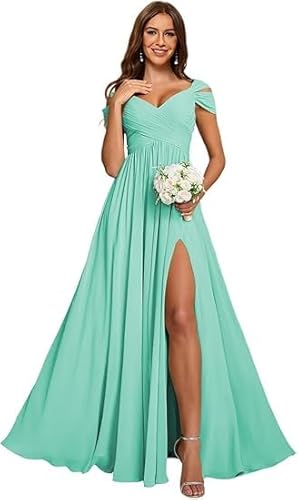 JIIL Abendkleider Elegant Für Hochzeit Lang,Damen Off Shoulder Chiffon Brautjungfernkleider Lang - Formeller A-Linie V-Ausschnitt Lang Abendkleider Elegant Hochzeit Schlitz Matcha 44 von JIIL