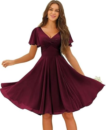 JIIL Abendkleider Elegant Gold Damen Chiffon Knielang Brautjungfernkleider V-Ausschnitt Formal Hochzeit A-Linie Abendkleid Mit Taschen Dunkler Burgunder 38 JIIL Abendkleider Elegant Gold Damen Chiffon Knielang Brautjungfernkleider V-Ausschnitt Formal Hochzeit A-Linie Abendkleid Mit Taschen Dunkler Burgunder 38 von JIIL