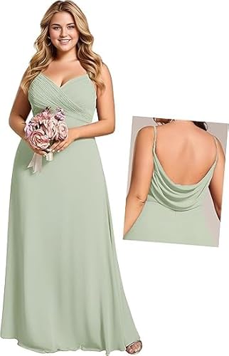 JIIL Abendkleider Elegant Mit Ärmel Damen Brautjungfernkleider Große Größen - Spaghettiträger Chiffon V-Ausschnitt Ärmellos Abendkleid Salbei Grün B 50 von JIIL