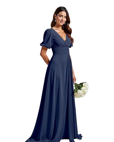 JIIL Abendkleider Für Hochzeit Damen Abendkleider V-Ausschnitt Hohe Taille A-Linie Chiffon Brautjungfernkleid Marine 46 von JIIL