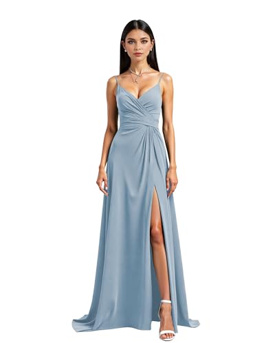 JIIL Abendkleider Für Hochzeit Damen Spaghettiträger Chiffon Brautjungfernkleider Hochzeit Lange Elegant Ballkleider A-Linie Formelles Abendkleid Mit Schlitz Moody Blue 38 von JIIL
