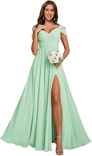 JIIL Abendkleider Glitzer,Damen Off Shoulder Chiffon Brautjungfernkleider Lang - Formeller A-Linie V-Ausschnitt Lang Abendkleider Elegant Hochzeit Schlitz Fuchsia A 38 von JIIL