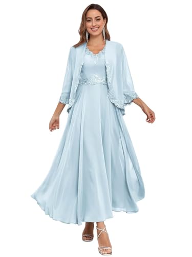JIIL Abendkleider Große Größen,Damen Lang Brautmutterkleider Jacke Zweiteilig Hochzeit Elegant Abendkleider Spitzen Chiffon Pailletten Kleid Erröten Rosa 46 von JIIL