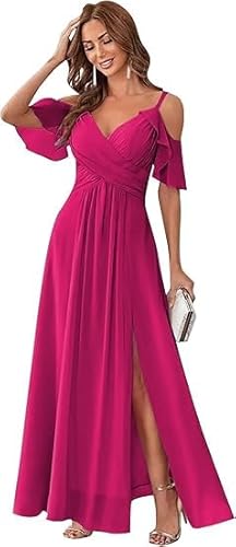JIIL Abendkleider Große Größen,Damen Off Shoulder Brautjungfernkleider Spaghettiträger V-Ausschnitt Elegante Lang Abendkleider A-Linie Kleider Für Hochzeitsgäste Pink 42 von JIIL