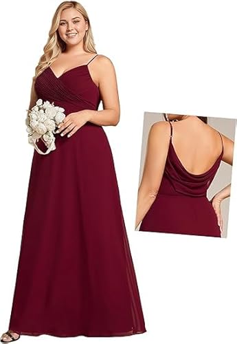 JIIL Abendkleider Große Größen Blau Damen Brautjungfernkleider Große Größen - Spaghettiträger Chiffon V-Ausschnitt Ärmellos Abendkleid Dunkler Burgunder 52 von JIIL