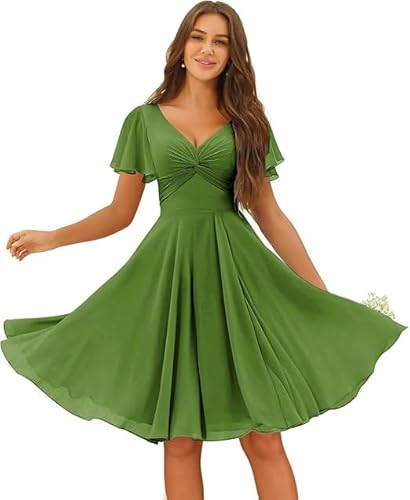 JIIL Abendkleider Große Größen Blau Damen Chiffon Knielang Brautjungfernkleider V-Ausschnitt Formal Hochzeit A-Linie Abendkleid Mit Taschen Licht Olive 40 von JIIL